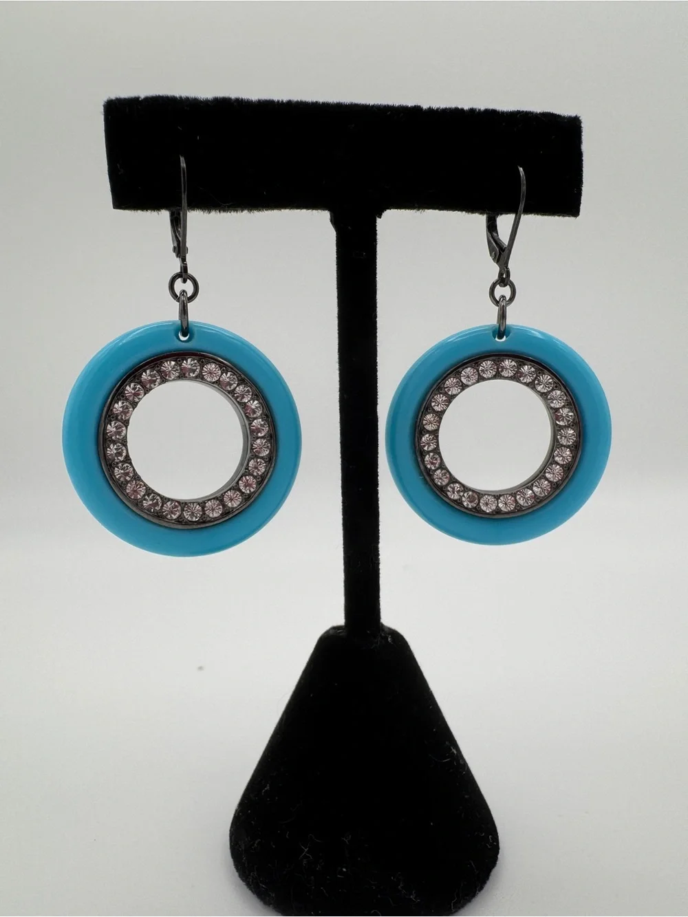 Vintage KJL Turquoise Hoop Earrings, Gunmetal Rhinestone Statement Jewelry - Picture 2 of 7